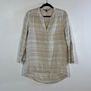 Ellen Tracy Brown White Striped Linen Tunic Top Women’s Medium V-Neck Roll Tabs